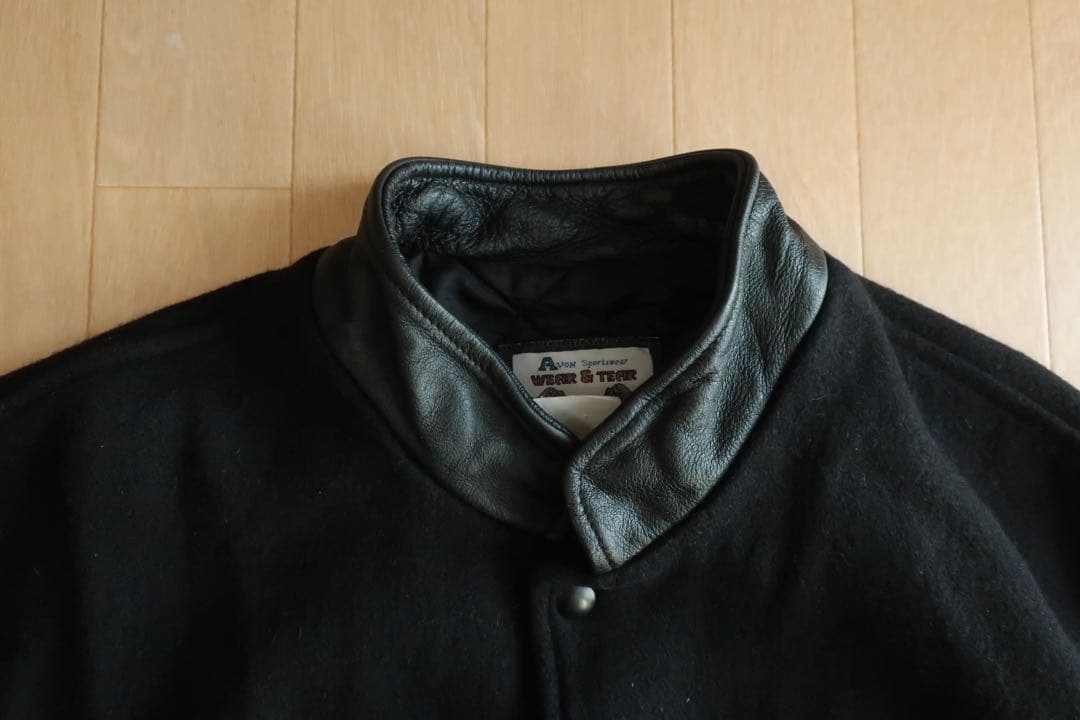 カナダ製 バーシティジャケット スタジャン レザー切替 ブラック L ウール