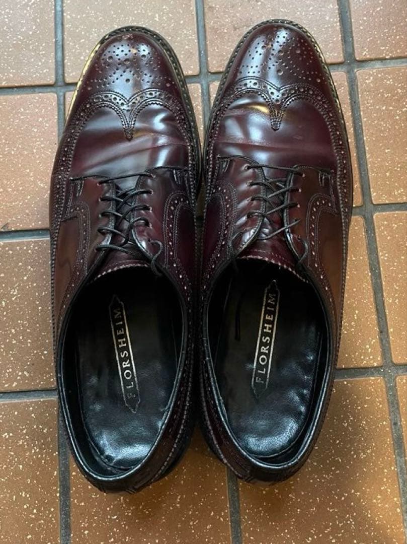 FLORSHEIM バーガンディ ガラスレザー ウィングチップシューズ