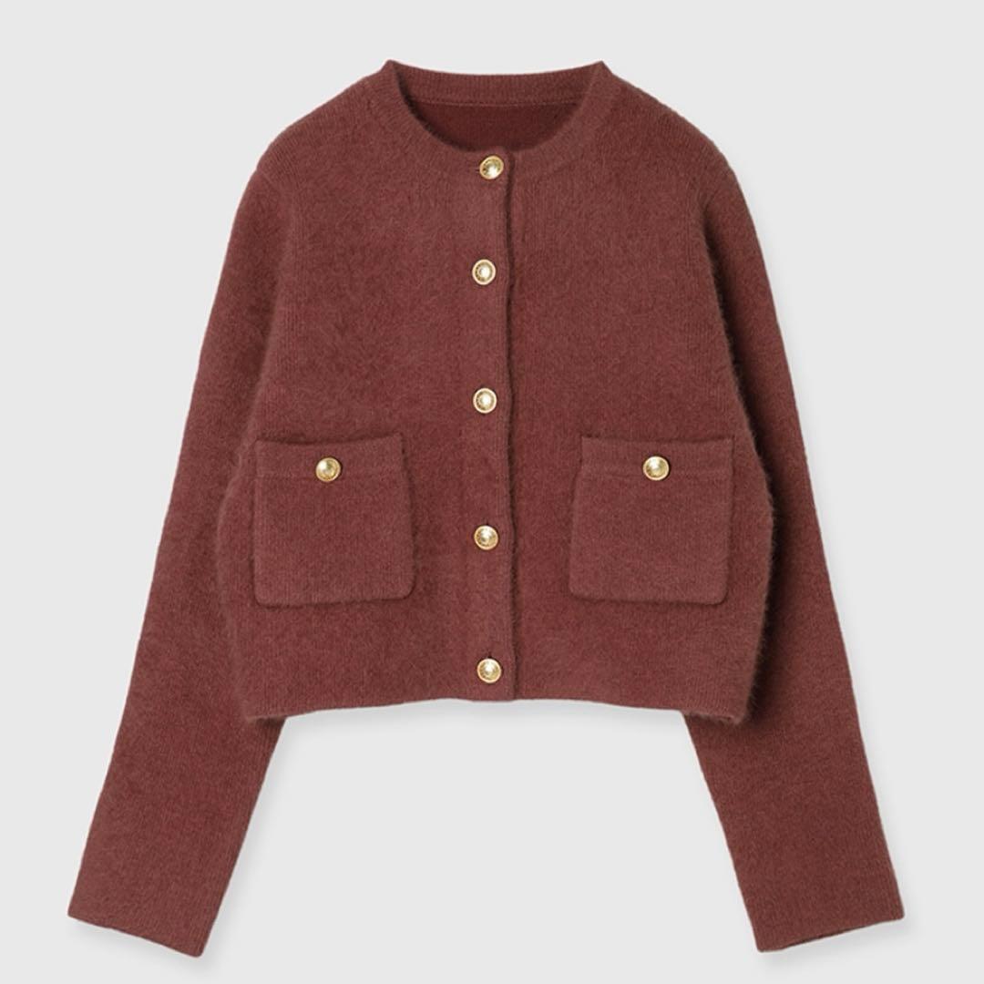 anuans ラクーンブレンドノーカラーニットジャケット　ピンク