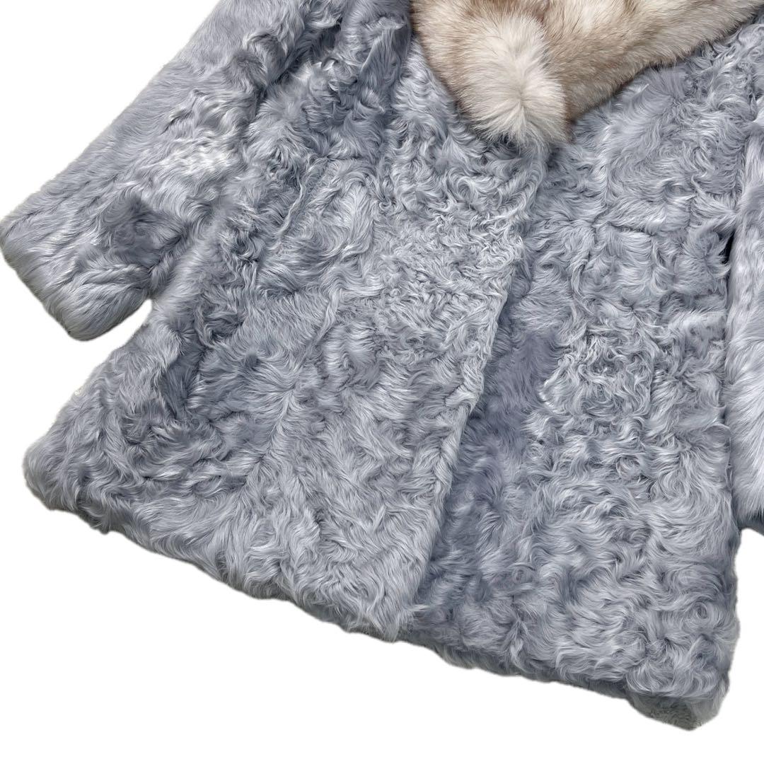 美品　希少カラー　ブルーフォックス　ラム　リアルファーコート　ブルーグレー
