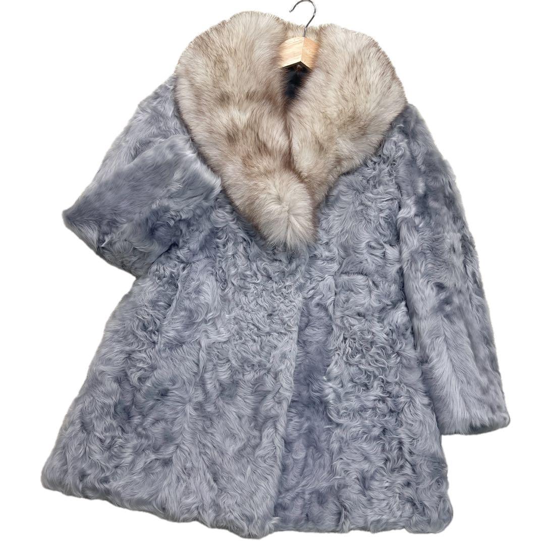 美品　希少カラー　ブルーフォックス　ラム　リアルファーコート　ブルーグレー