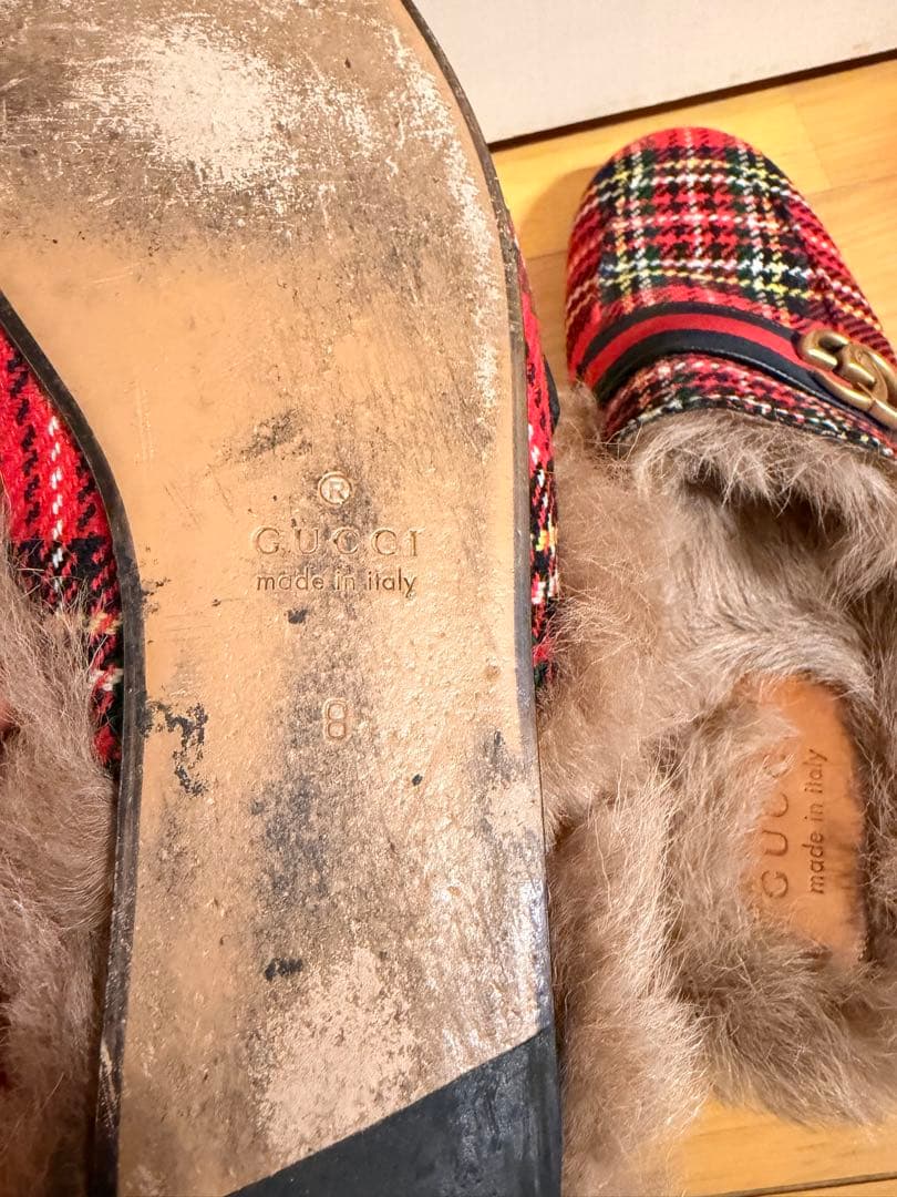 ゲ*ム様 【週末限定値下げ】 GUCCI プリンスタウンレッドチェック柄ファー付