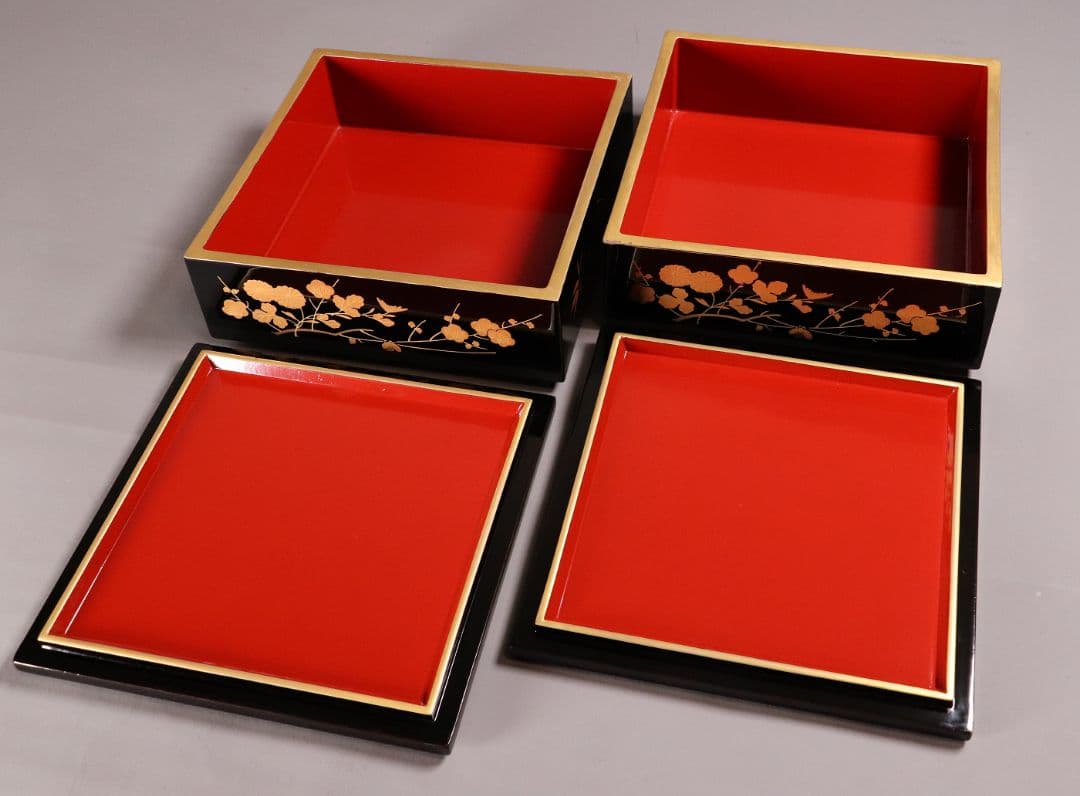輪島塗 四君子 金蒔絵 二段重 重台 二枚蓋 黒塗 朱塗 木箱 木製 MA90