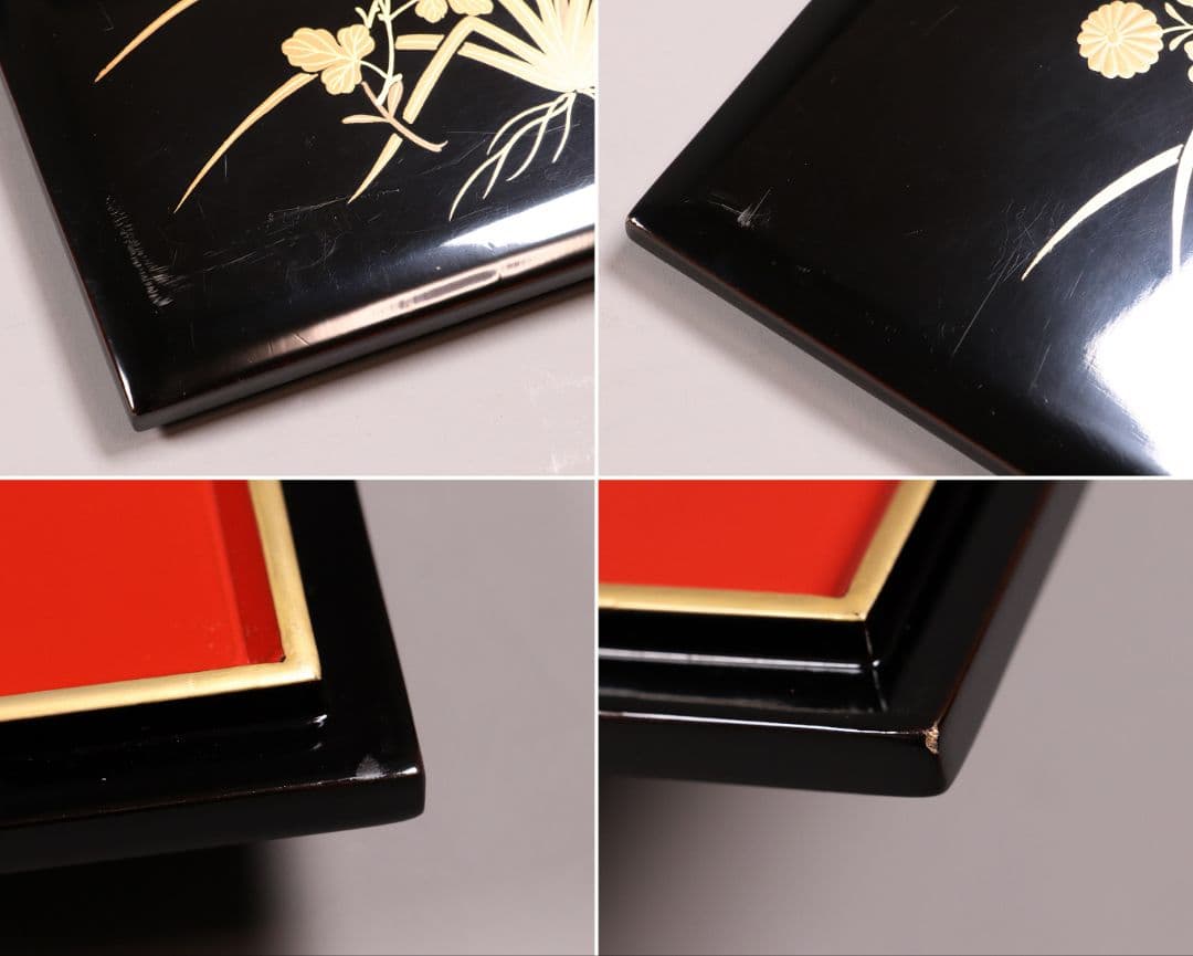 輪島塗 四君子 金蒔絵 二段重 重台 二枚蓋 黒塗 朱塗 木箱 木製 MA90