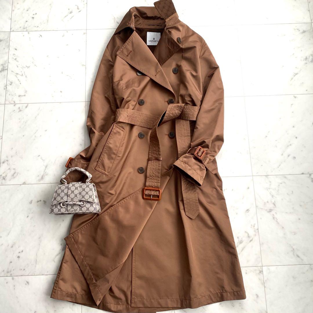 美品 モラビト 襟裏ロゴモノグラム ベルト付きトレンチコート キャメル 38