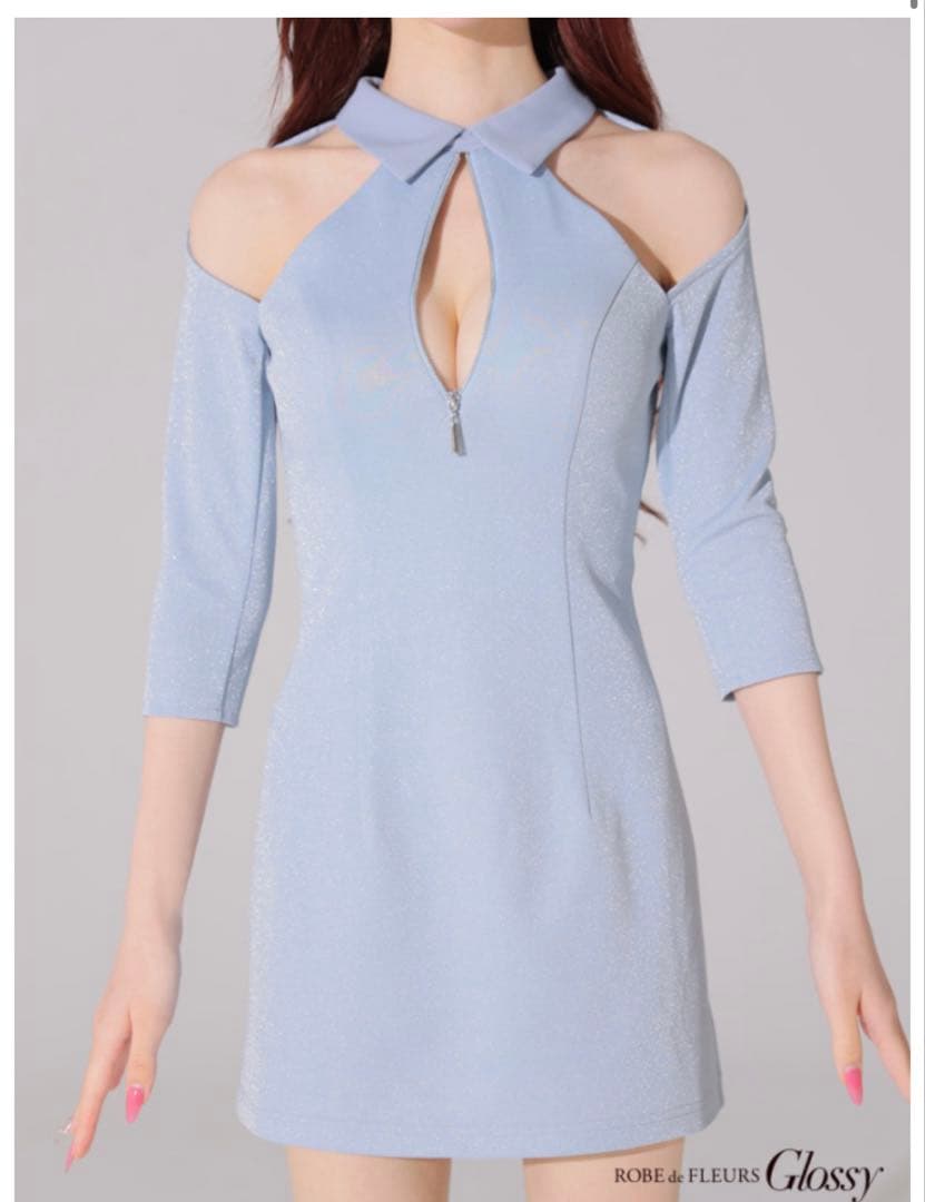 ROBE de FLEURS 襟デザインオフショルバストジップミニキャバドレス