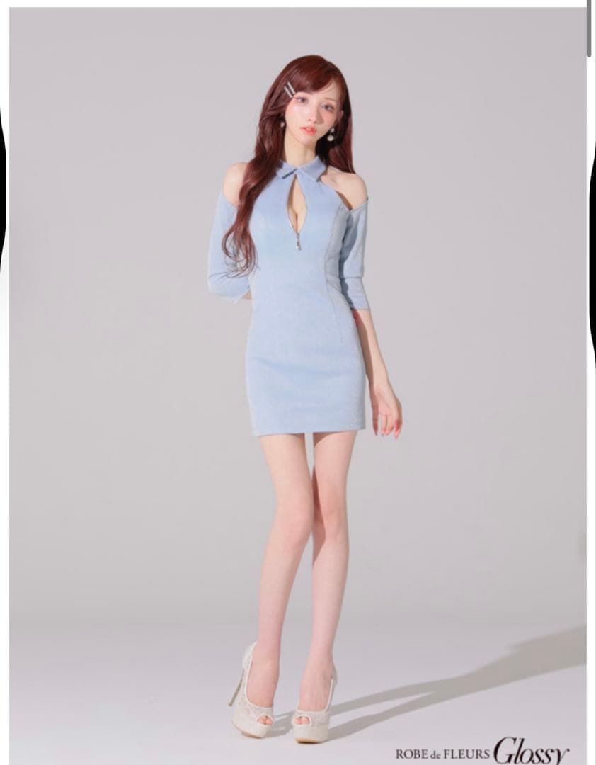 ROBE de FLEURS 襟デザインオフショルバストジップミニキャバドレス