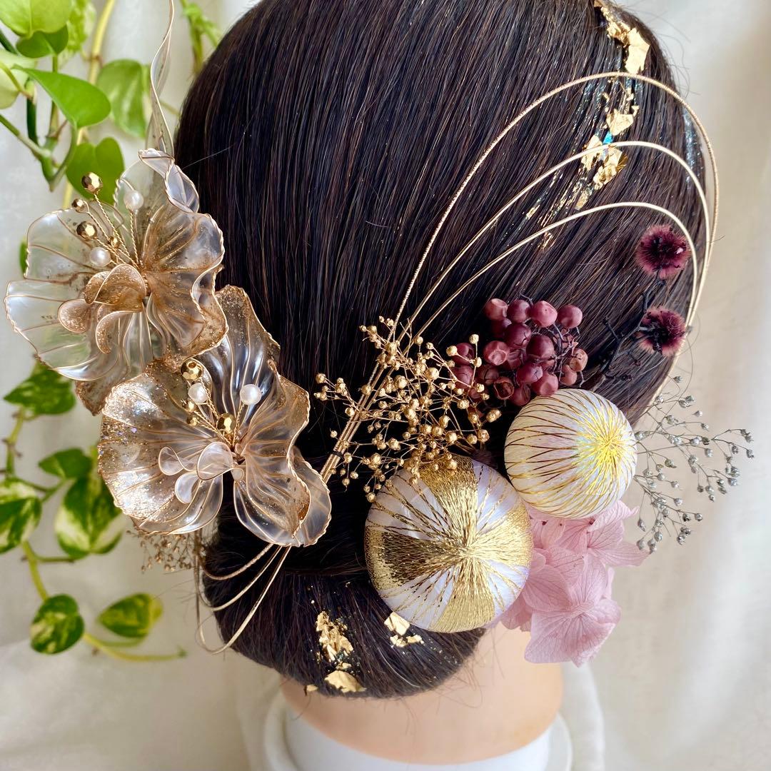 【きらめく胡蝶蘭】アメリカンフラワーの髪飾り　紫　パープル　金箔付　水引付　着物