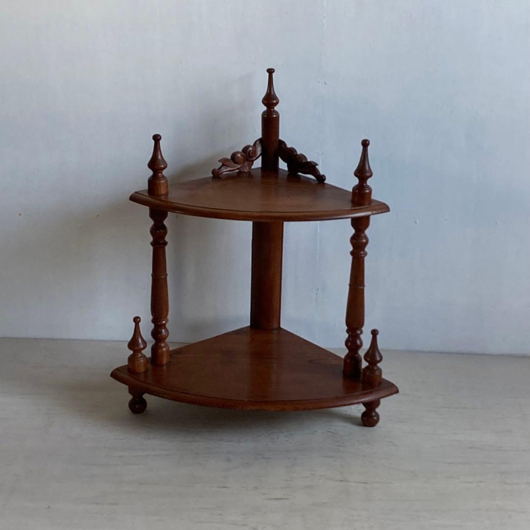 古い木製 2段 コーナーラック オープンラック 飾り棚