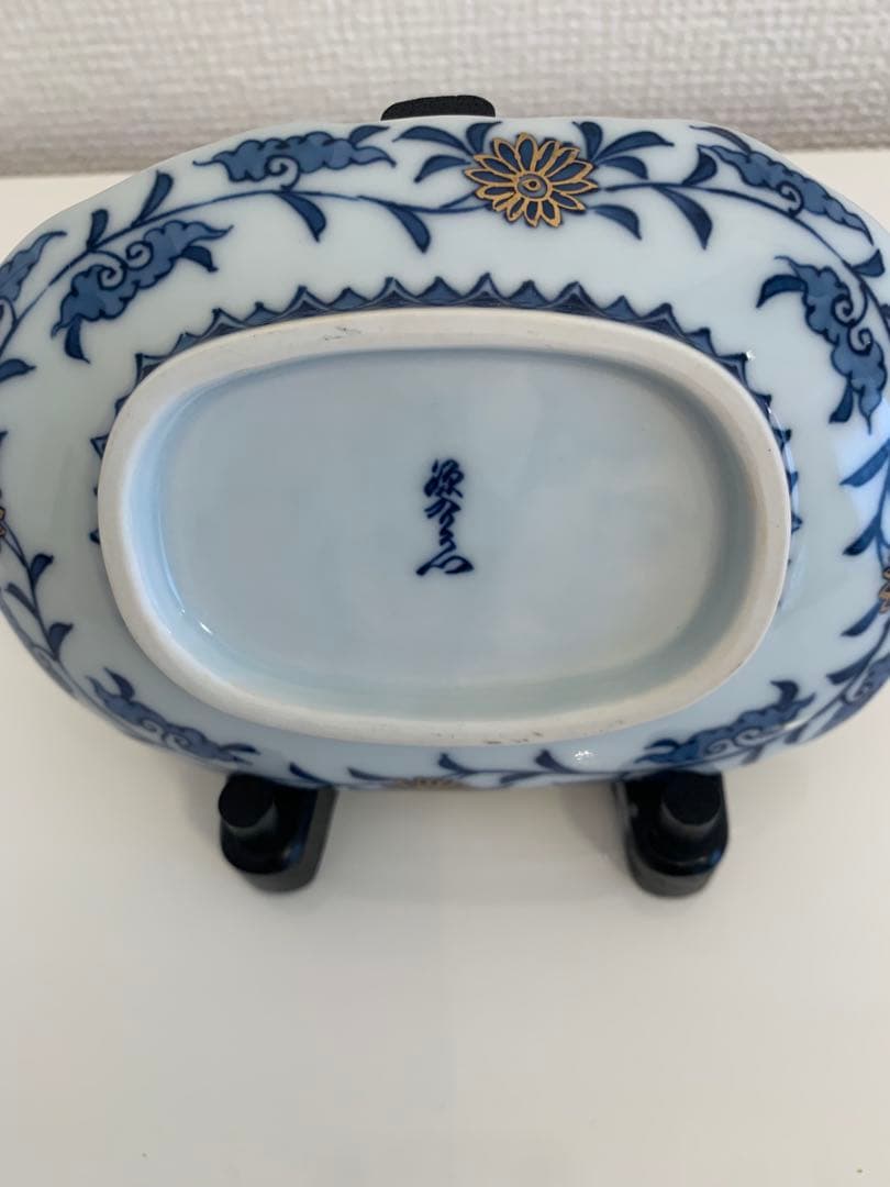 古伊万里写姫形皿　（源右衛門窯作）皿立付き