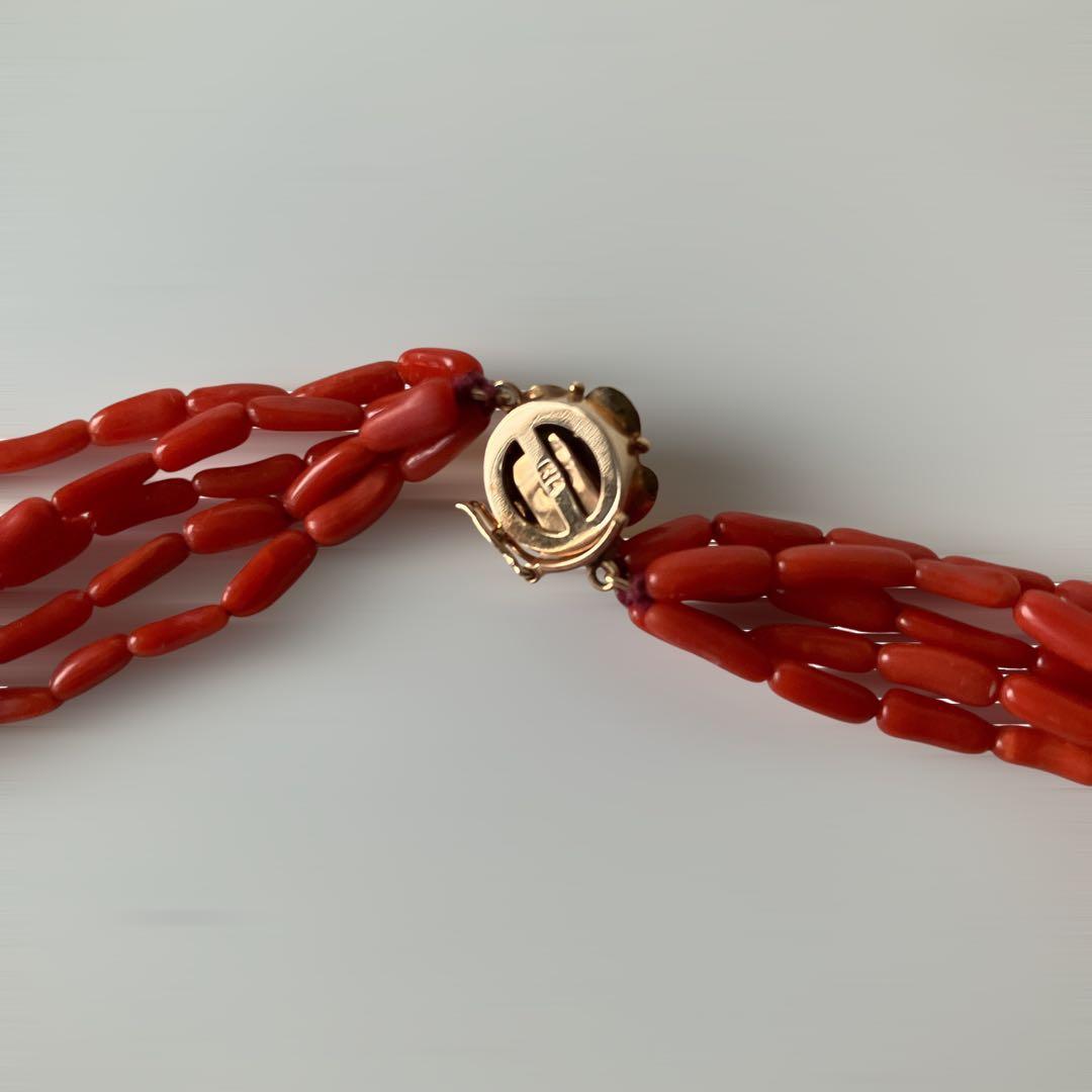 美品 K14 刻印 天然 5連 ネックレス サンゴ コーラル