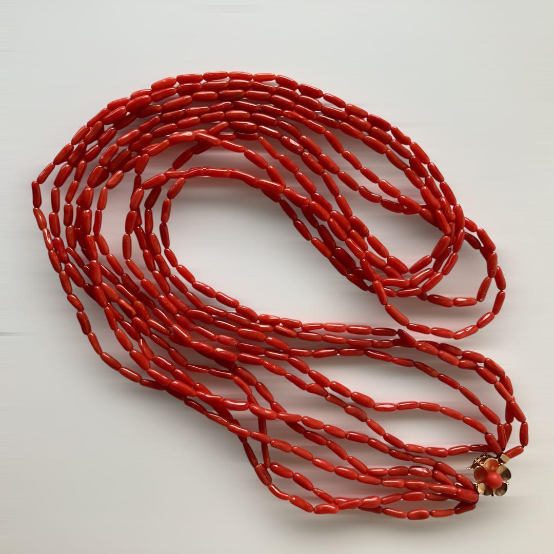 美品 K14 刻印 天然 5連 ネックレス サンゴ コーラル