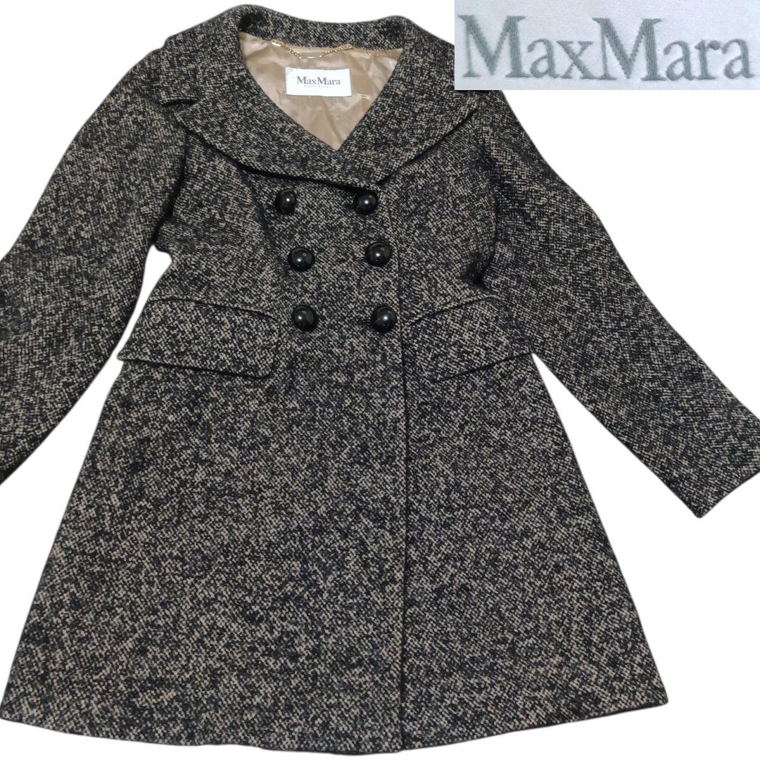 ✨Max Mara 白タグ ツイード アルパカ 絹 黒水晶ボタン ロングコート