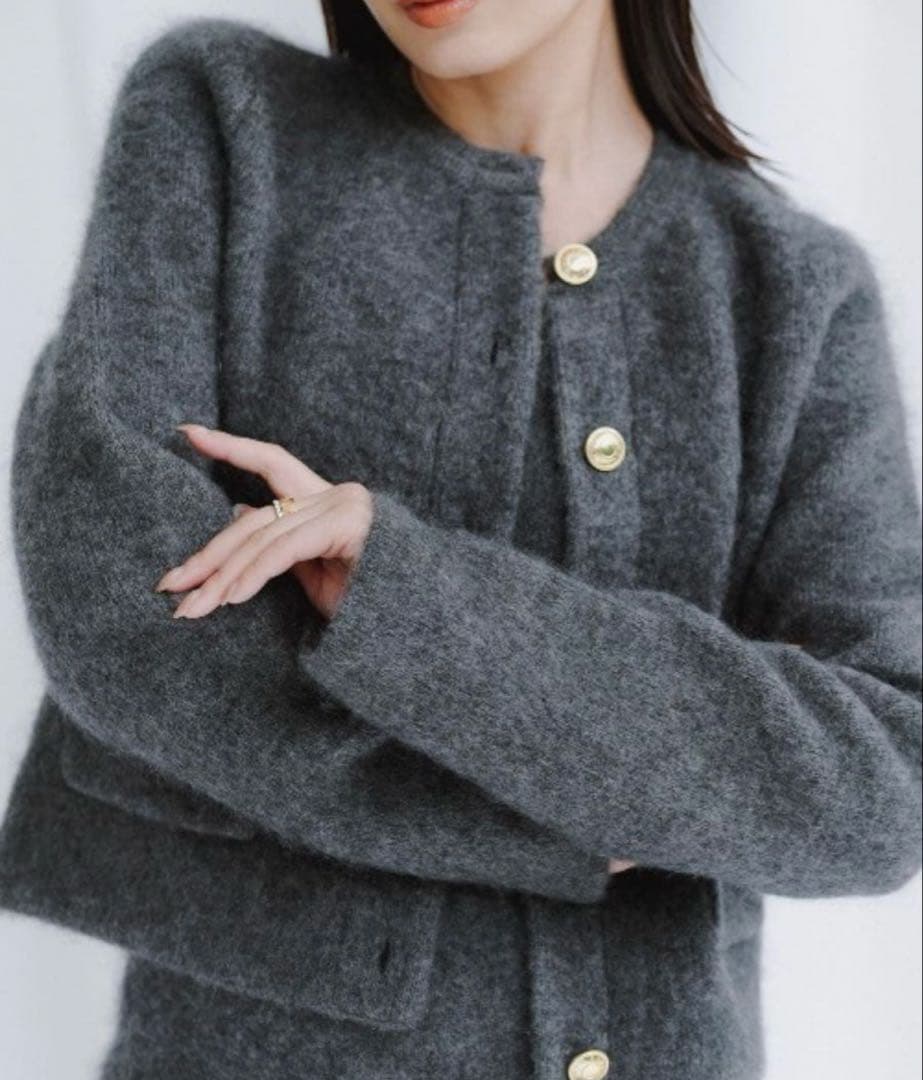 anuans ラクーンブレンドノーカラーニットジャケット　GRAY