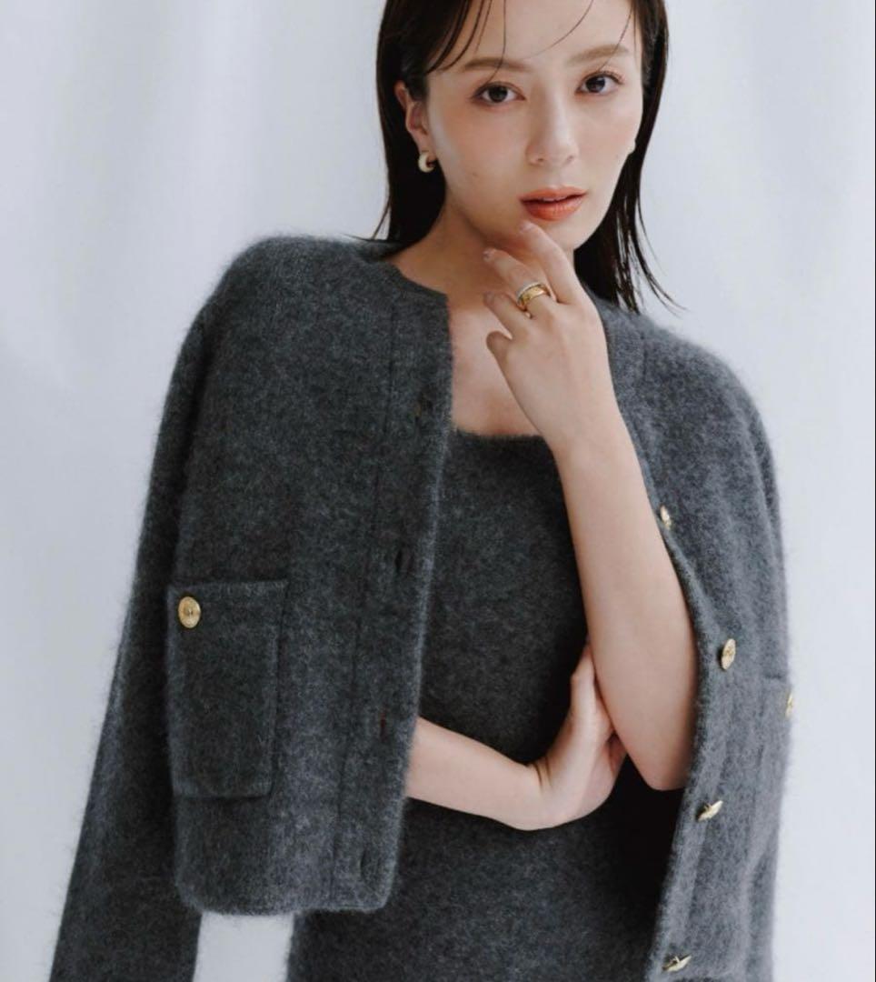 anuans ラクーンブレンドノーカラーニットジャケット　GRAY