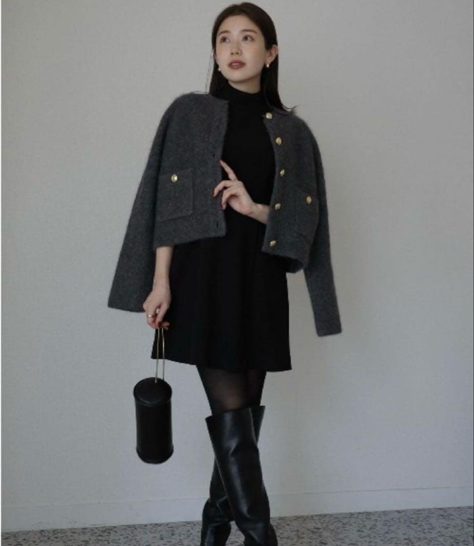 anuans ラクーンブレンドノーカラーニットジャケット　GRAY