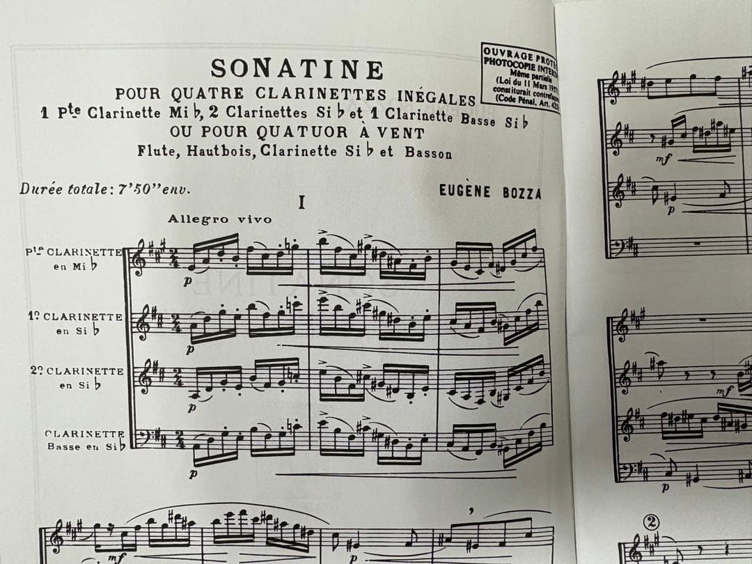 【輸入楽譜】ボザ　クラリネット四重奏「ソナチネ」