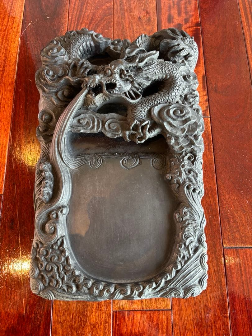 大型37cm 端渓硯 細密龍雲彫刻硯 古玩 硯 古美術　澄泥硯　唐物時代物　中国