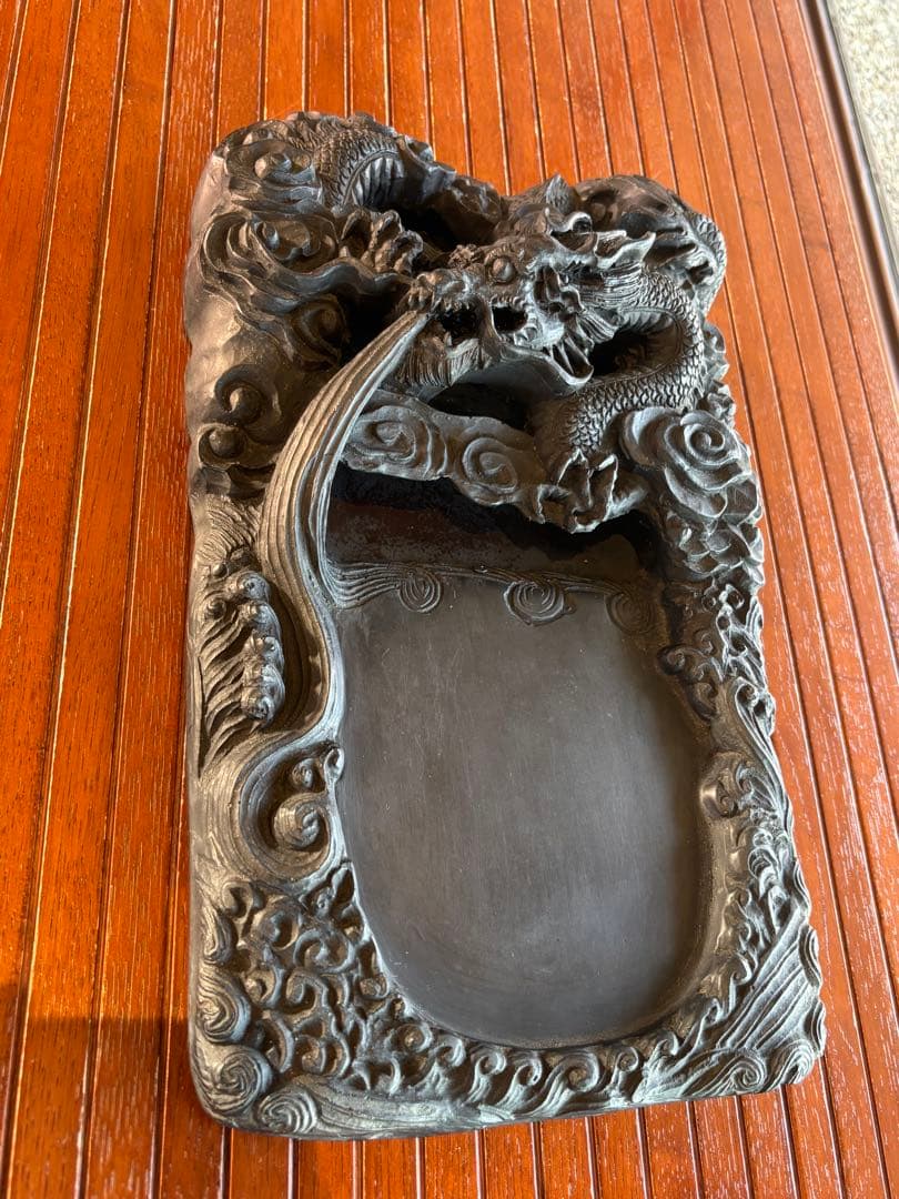大型37cm 端渓硯 細密龍雲彫刻硯 古玩 硯 古美術　澄泥硯　唐物時代物　中国