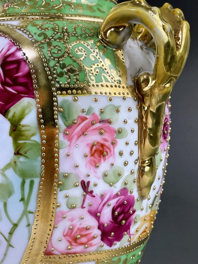 【希少】オールドノリタケ 薔薇紋 ジュエル 金点盛り ビーディング 花瓶