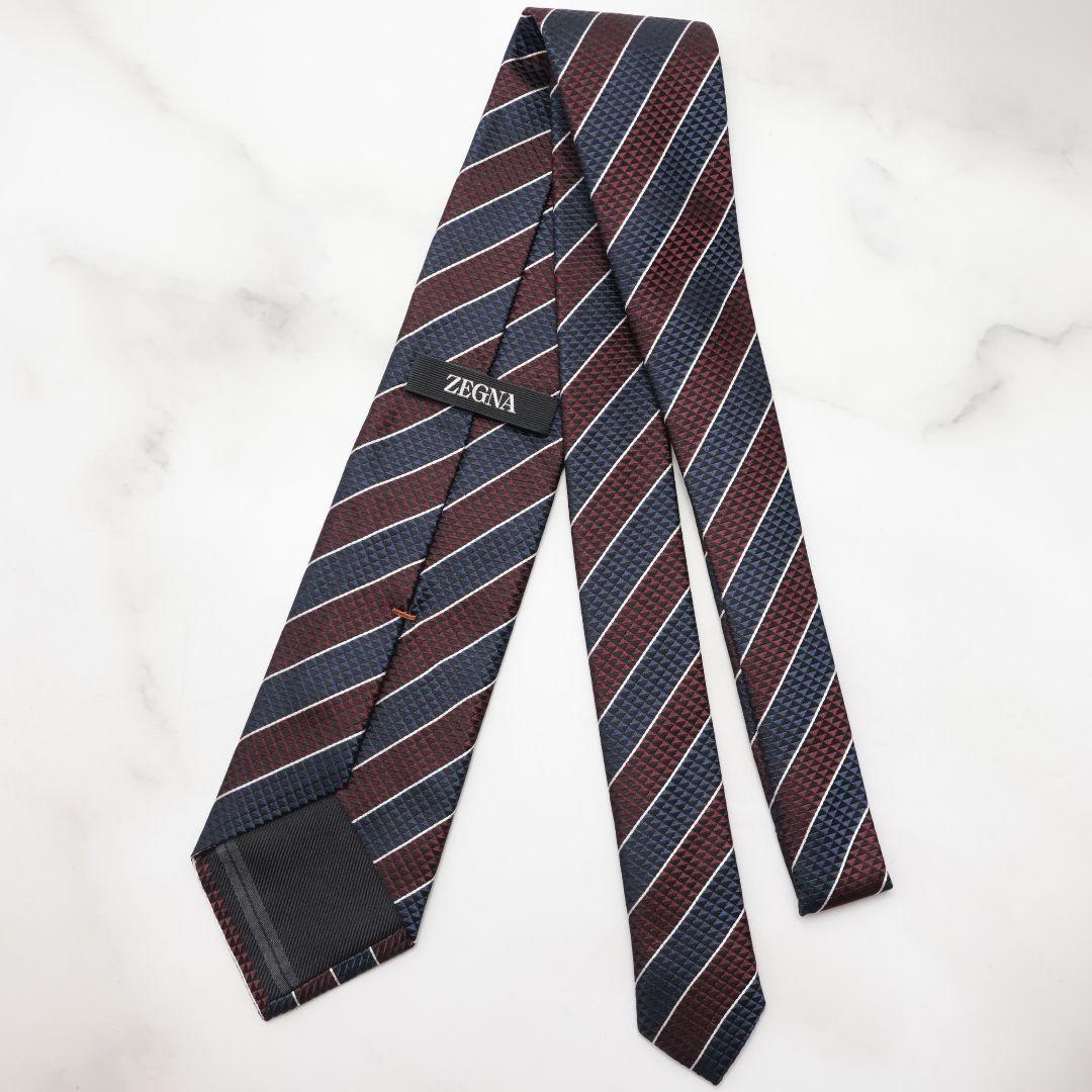 未使用 ゼニア ZEGNA ネクタイ ストライプ ネイビー バーガンディ