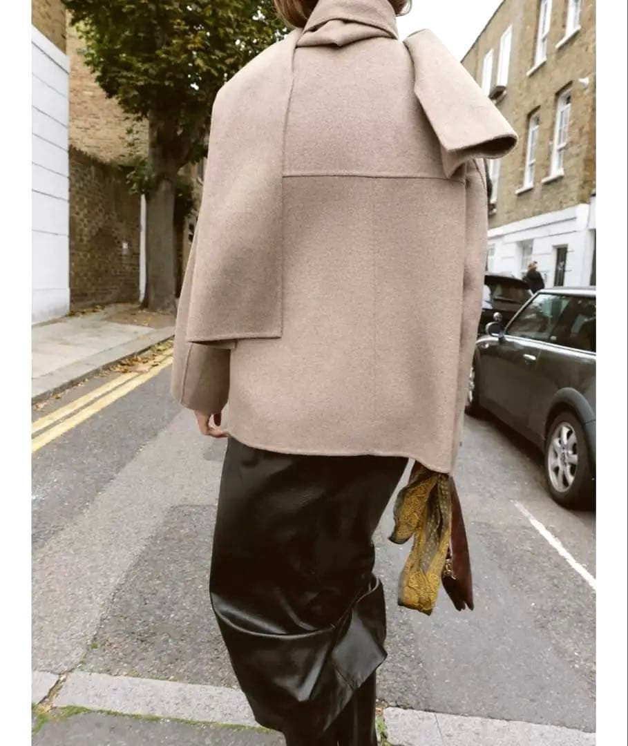 完売品 ZARA ウールショートスカーフコート ミンク S