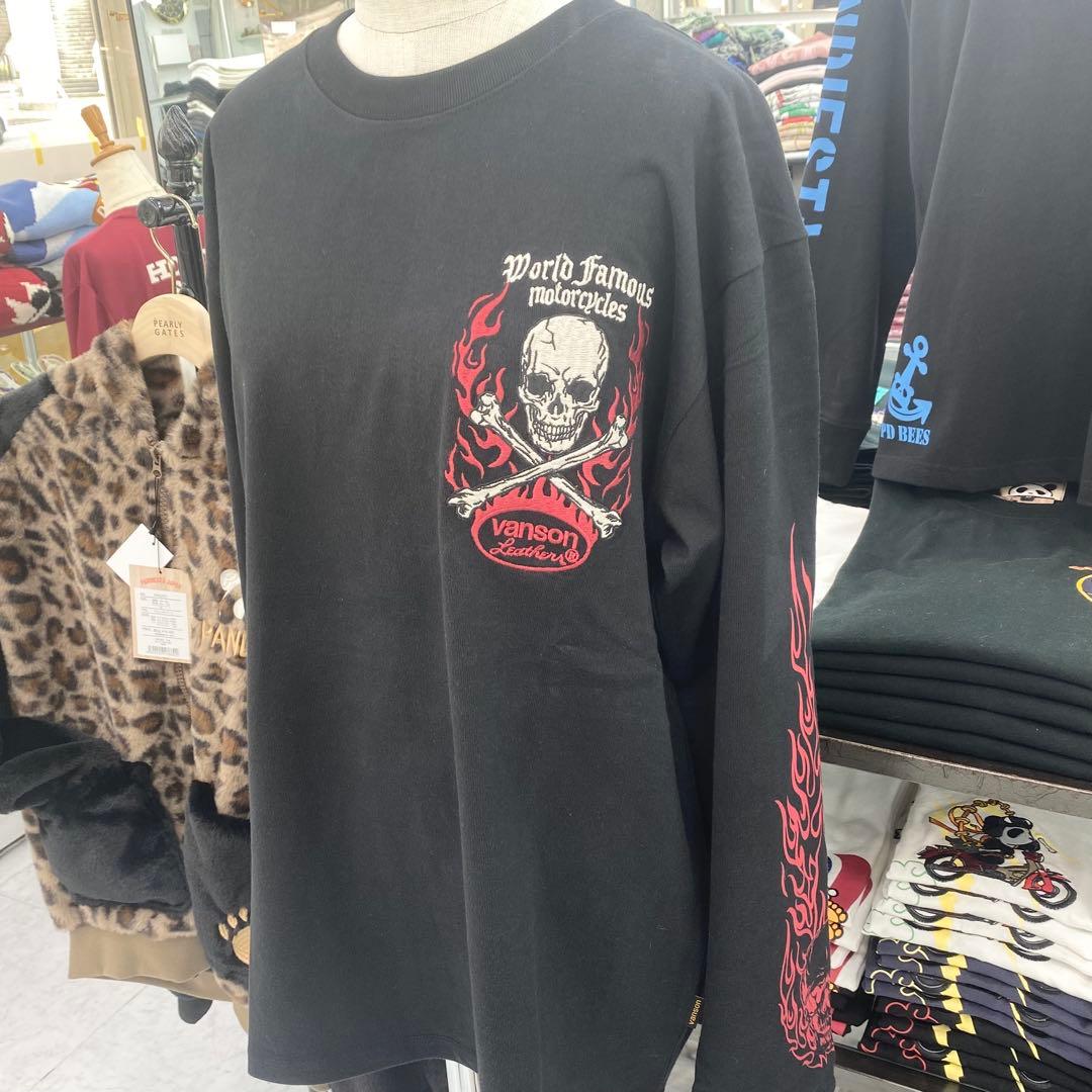 （43）vanson スカルプリント ロングTシャツ　ブラック