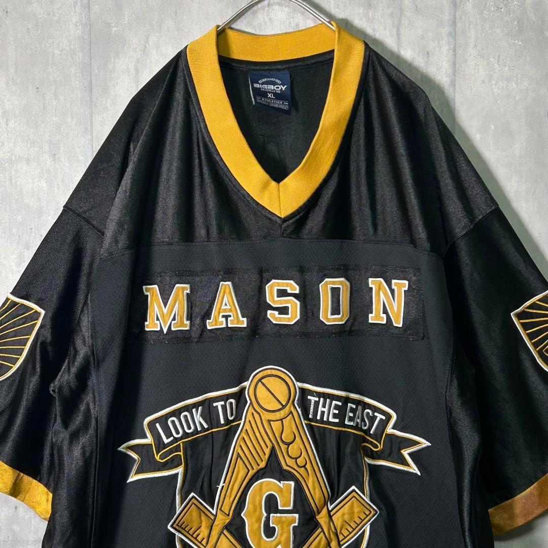 フリーメイソン 刺繍 ゲームシャツ フットボール リンガー 黒 XL 秘密結社
