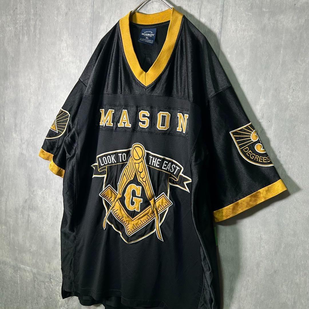 フリーメイソン 刺繍 ゲームシャツ フットボール リンガー 黒 XL 秘密結社