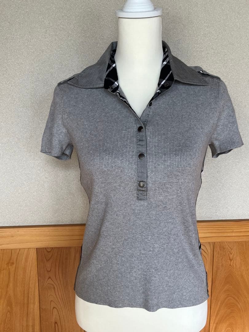 BURBERRY 未使用　グレー リブ編み チェック柄襟 半袖ポロシャツ