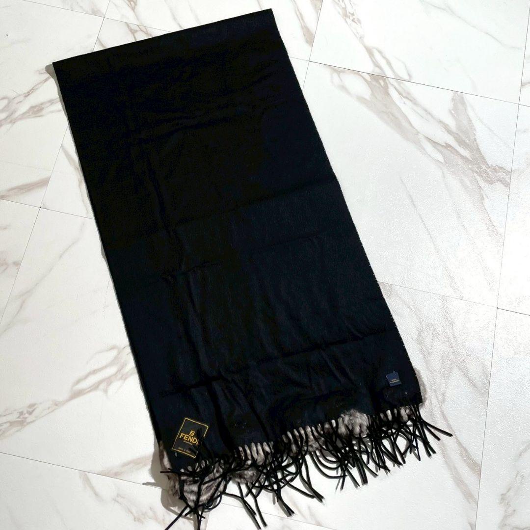 美品 カシミヤ100%●FENDI マフラー ストール ロゴ ポンポン 黒