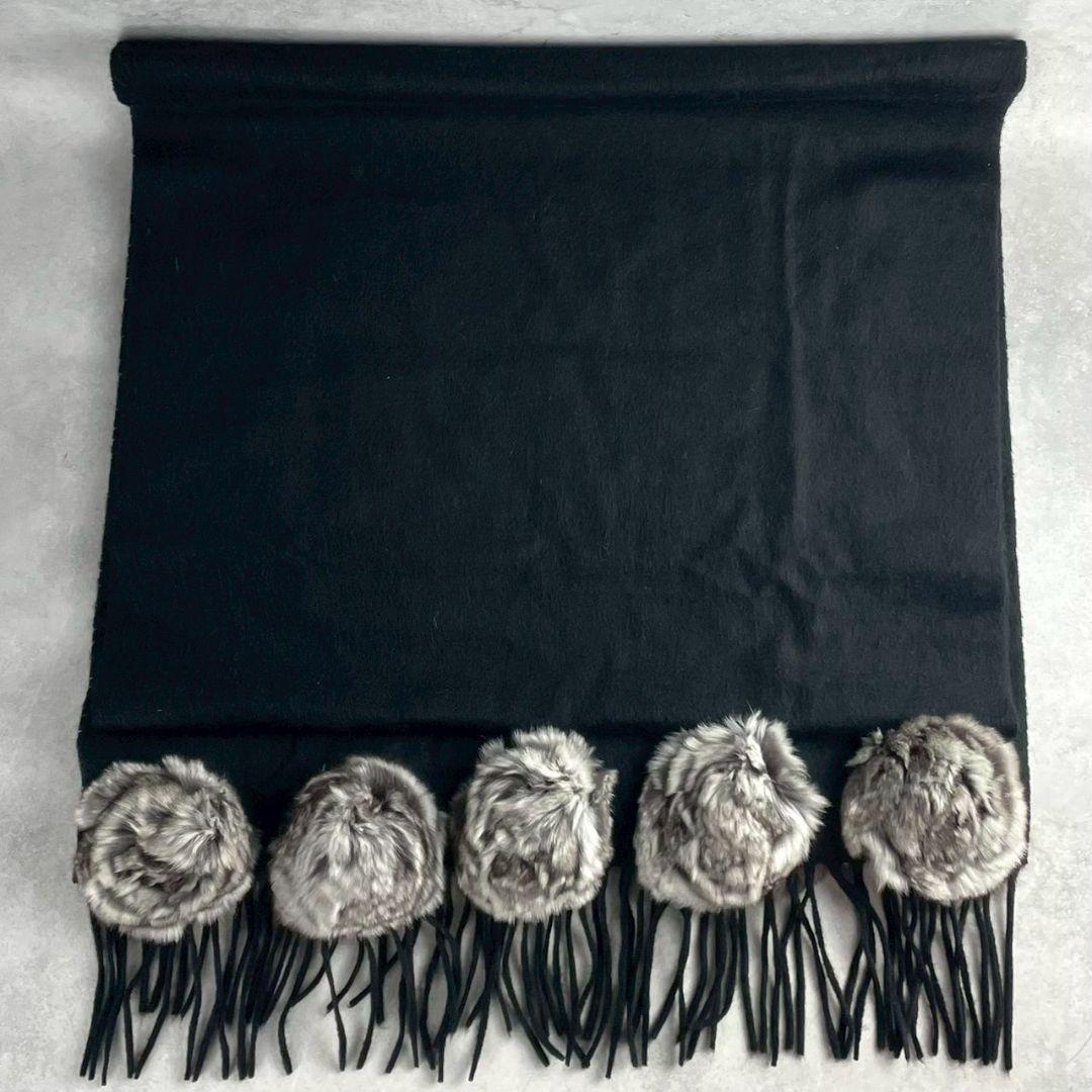 美品 カシミヤ100%●FENDI マフラー ストール ロゴ ポンポン 黒