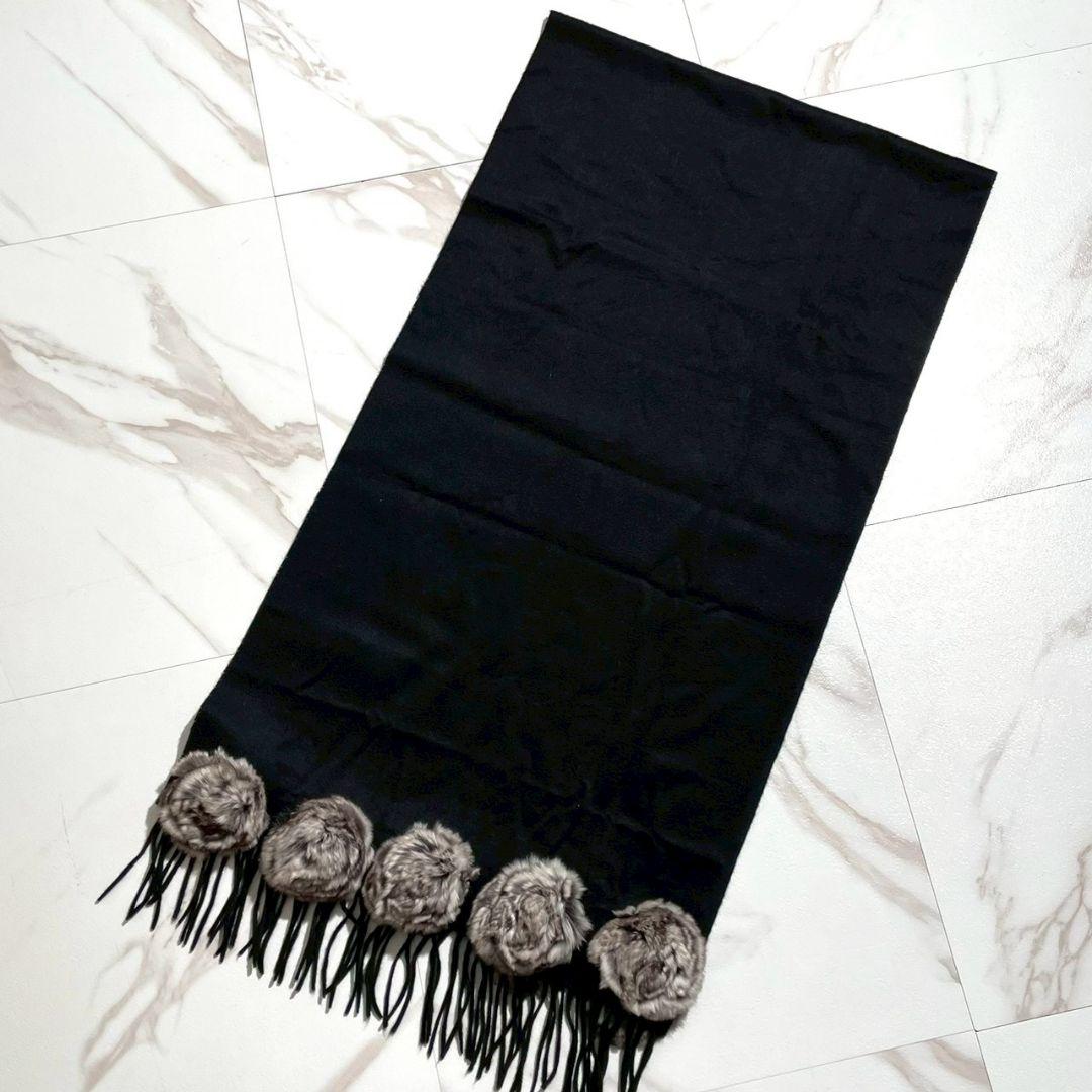 美品 カシミヤ100%●FENDI マフラー ストール ロゴ ポンポン 黒