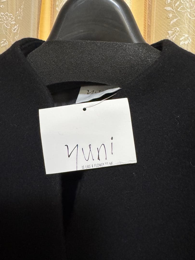 yuniノーカラーコート　ウールスーパー100 ブラック ミドル