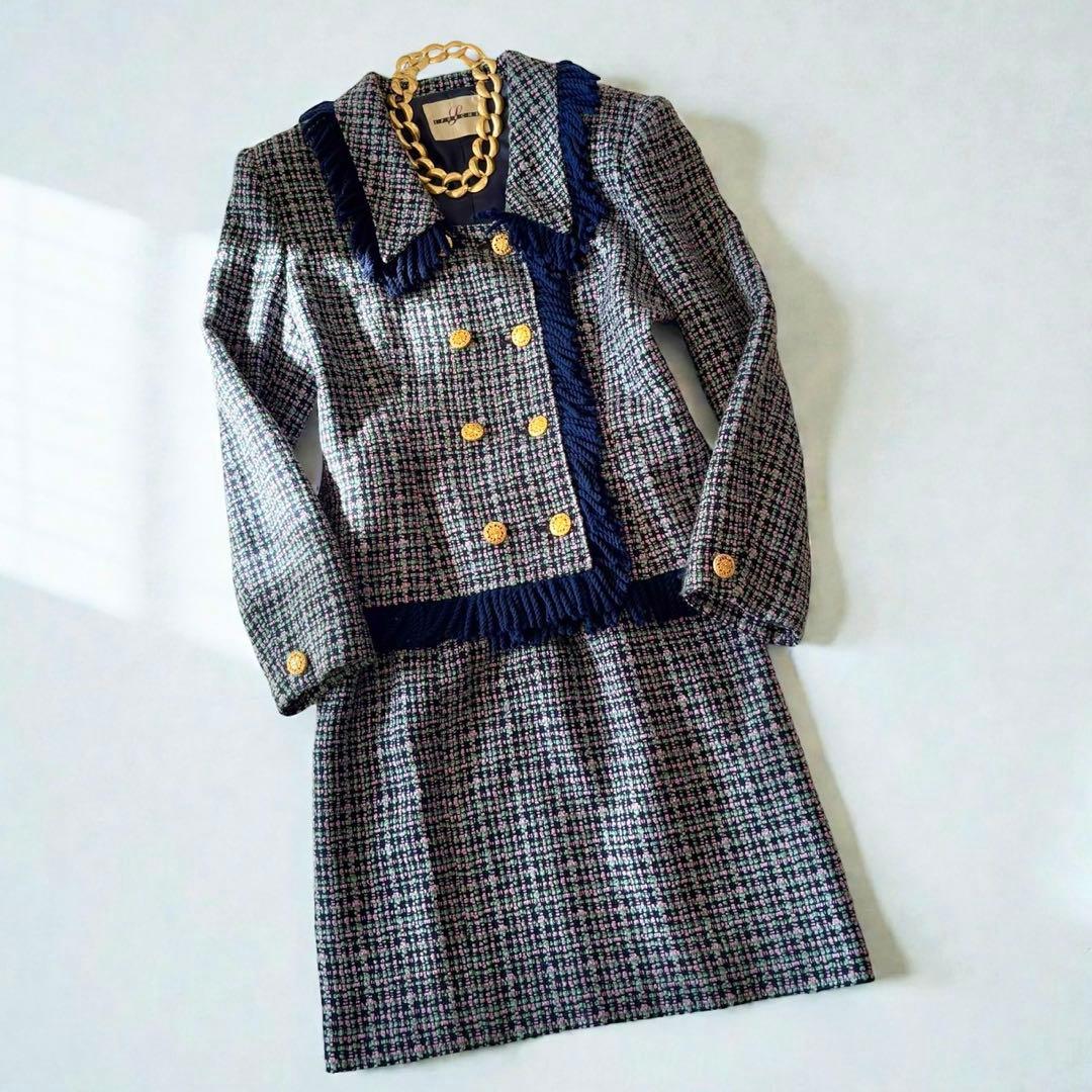 ミックスツイード　バブリースーツ　フリンジ　金ボタン　日本製