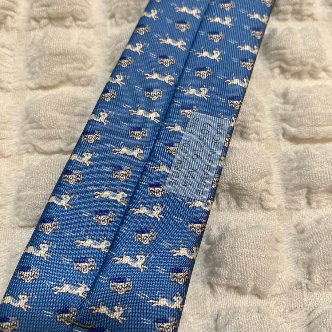 【美品】HERMES 犬柄 ネクタイ ブルー