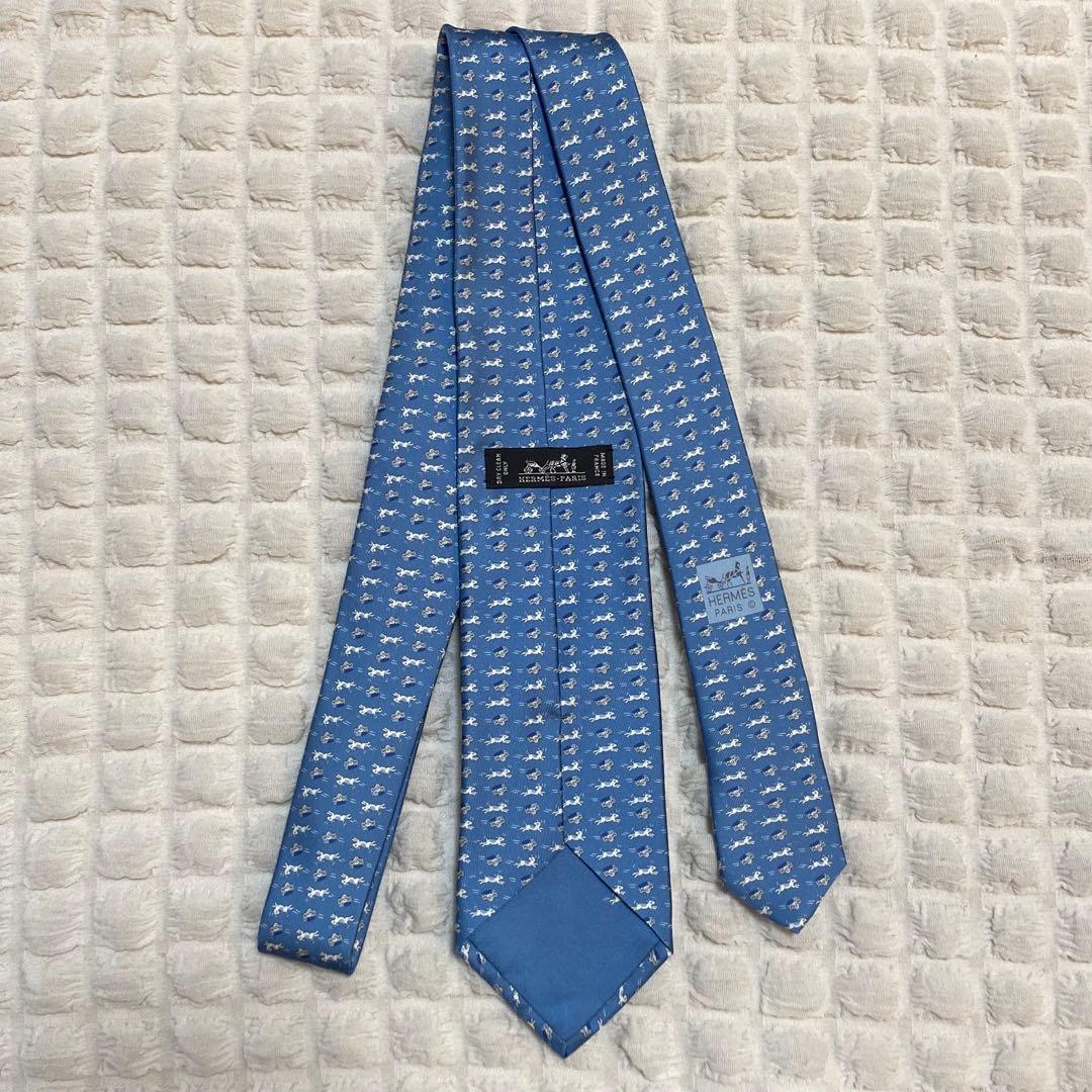 【美品】HERMES 犬柄 ネクタイ ブルー