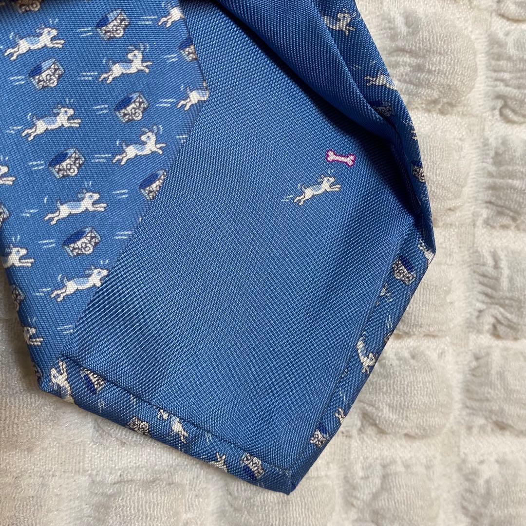 【美品】HERMES 犬柄 ネクタイ ブルー