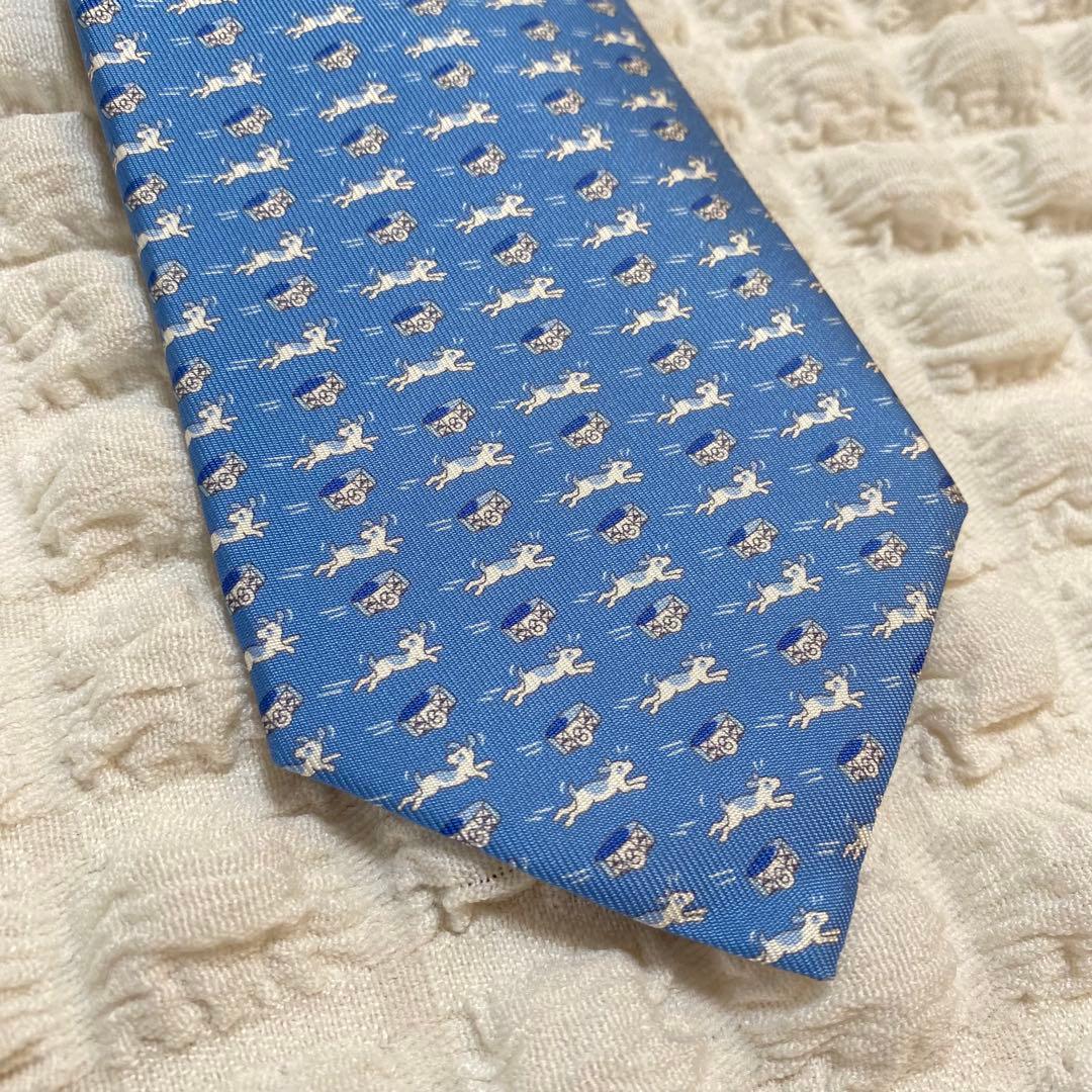 【美品】HERMES 犬柄 ネクタイ ブルー