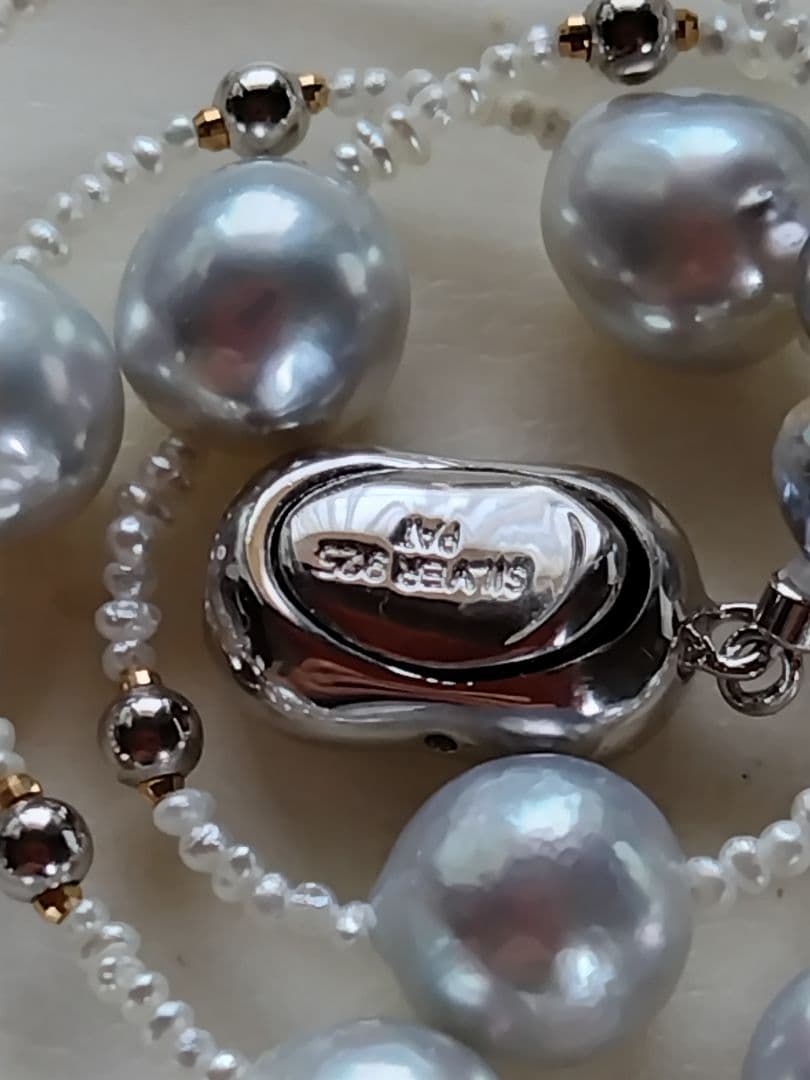 アコヤ真珠シルバーグレーの大珠、あこや砂芥子パールのネックレス