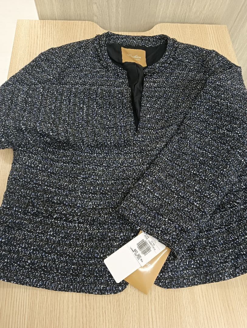 Leilian ノーカラージャケット＆スカートセットアップ ネイビー系 ツイード