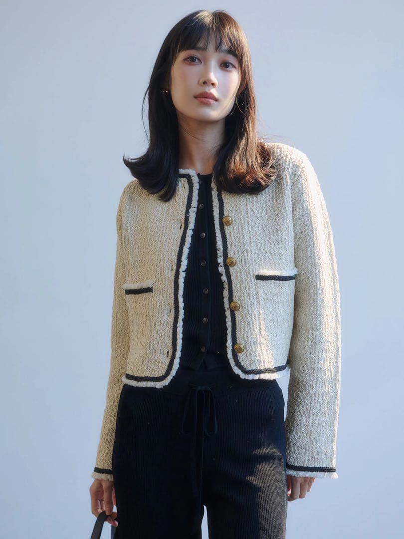 【anuans】クラシカルノーカラーニットジャケット