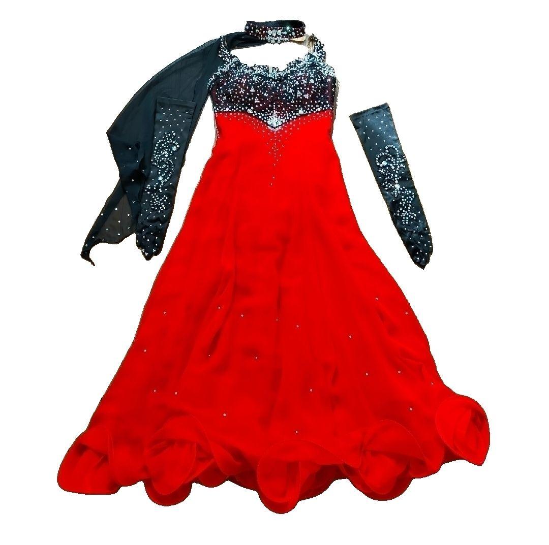 社交ダンススタンダードドレスセット　ブラック＆レッド
