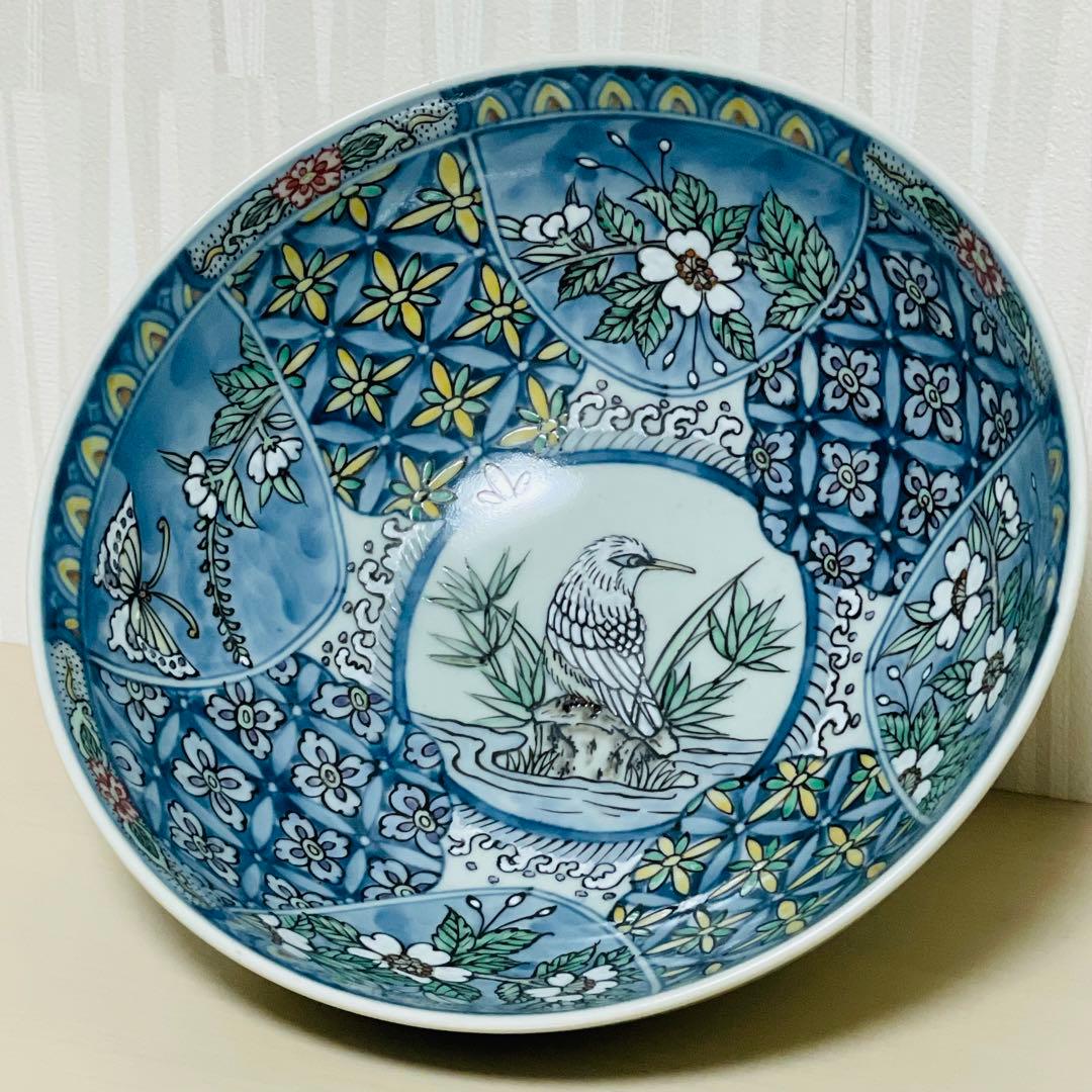 有田焼 六代 佐藤走波 染錦花鳥蝶文 鉢 直径22.5cm