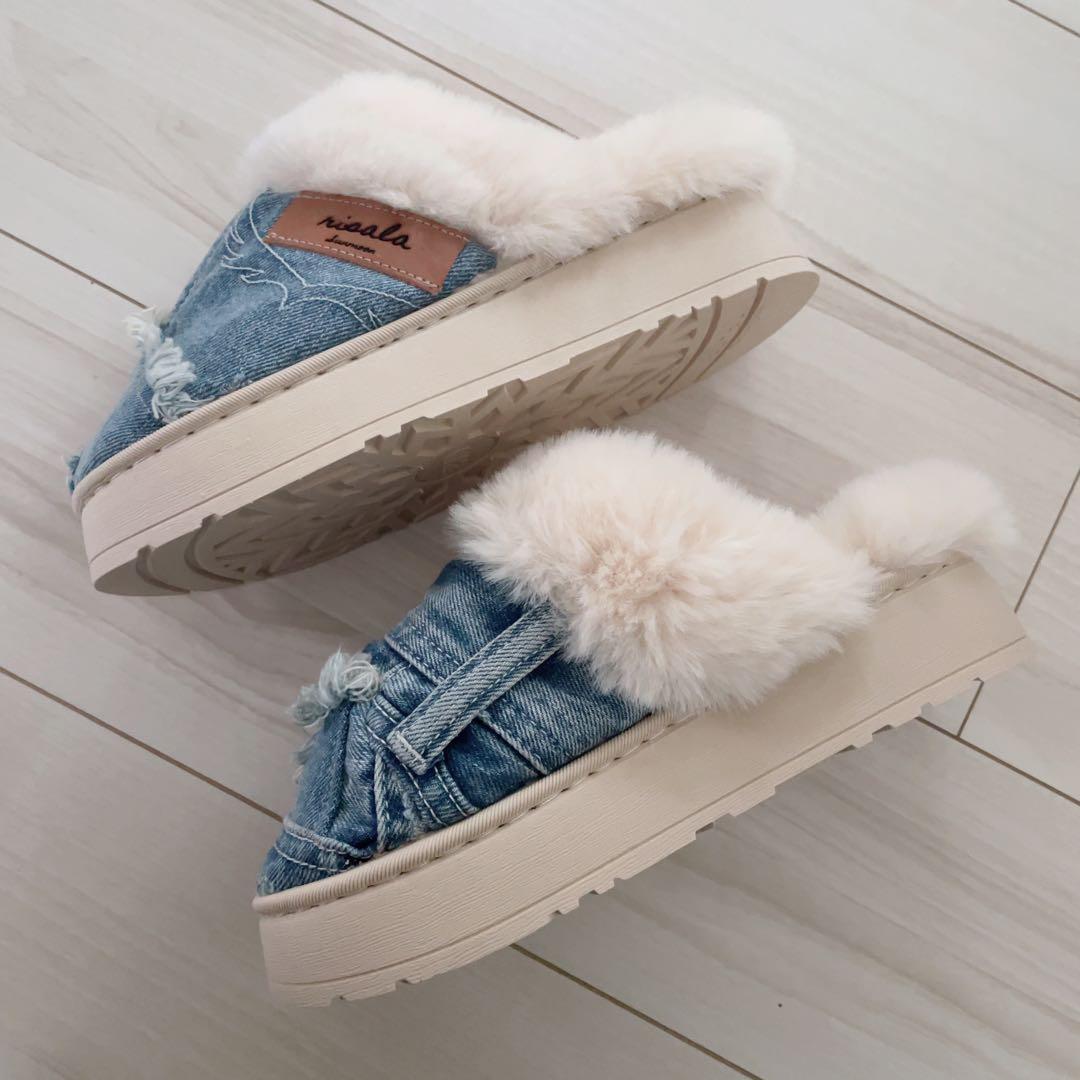 デニムリメイク ファーサンダル