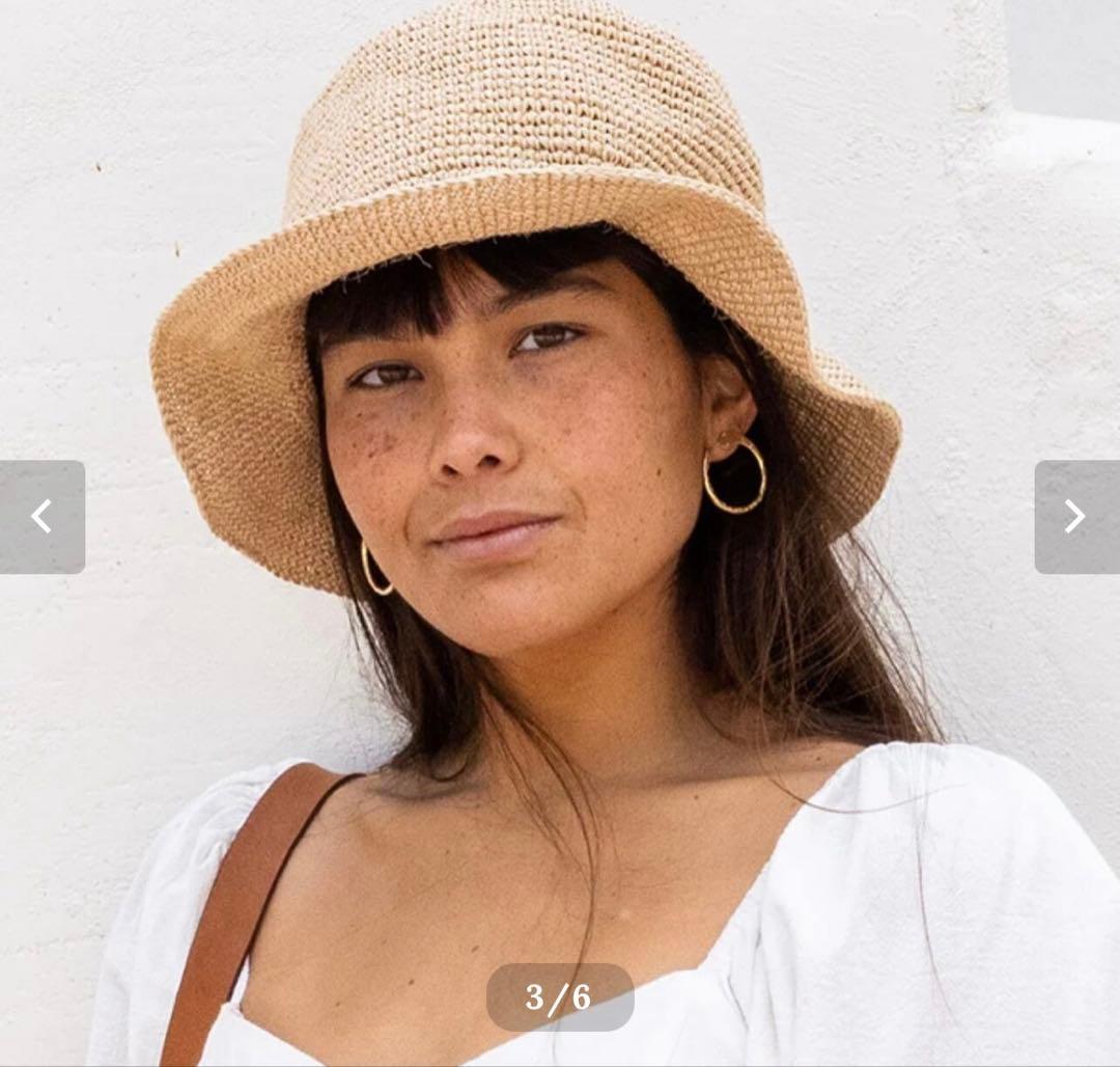 ハンドメイド　ベージュ 麦わらストローバケットハット①