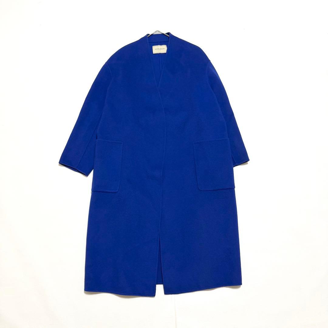 ユナイテッドアローズ　ダブルフェイスノーカラーコート　ウール　ブルー　36