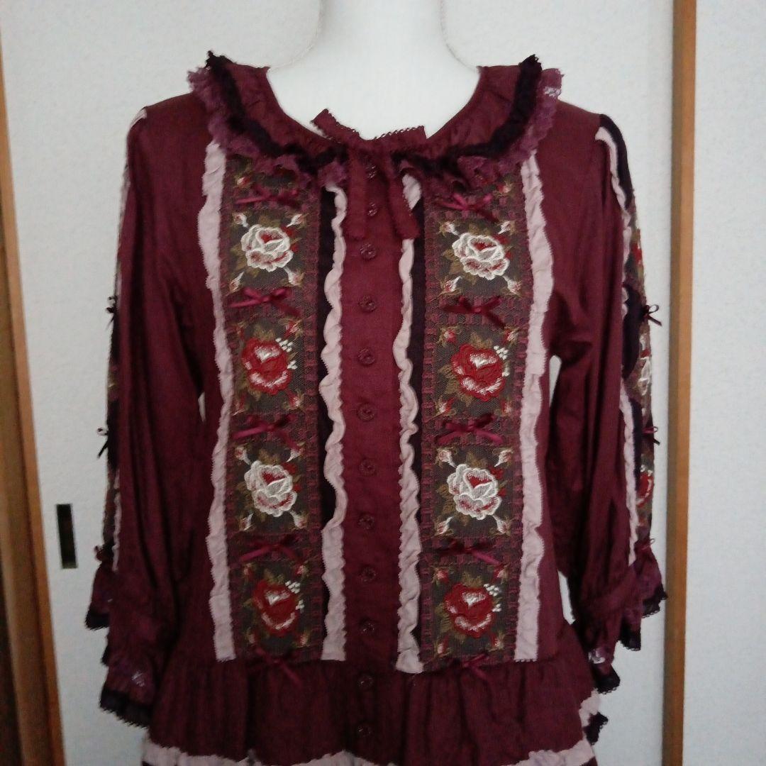 ピンクハウス　ローズチュールレース使いパッチワーク風ワンピース　モーブピンク　赤