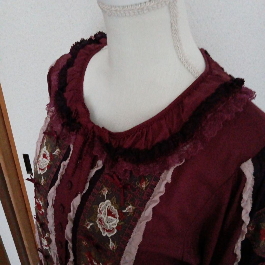 ピンクハウス　ローズチュールレース使いパッチワーク風ワンピース　モーブピンク　赤