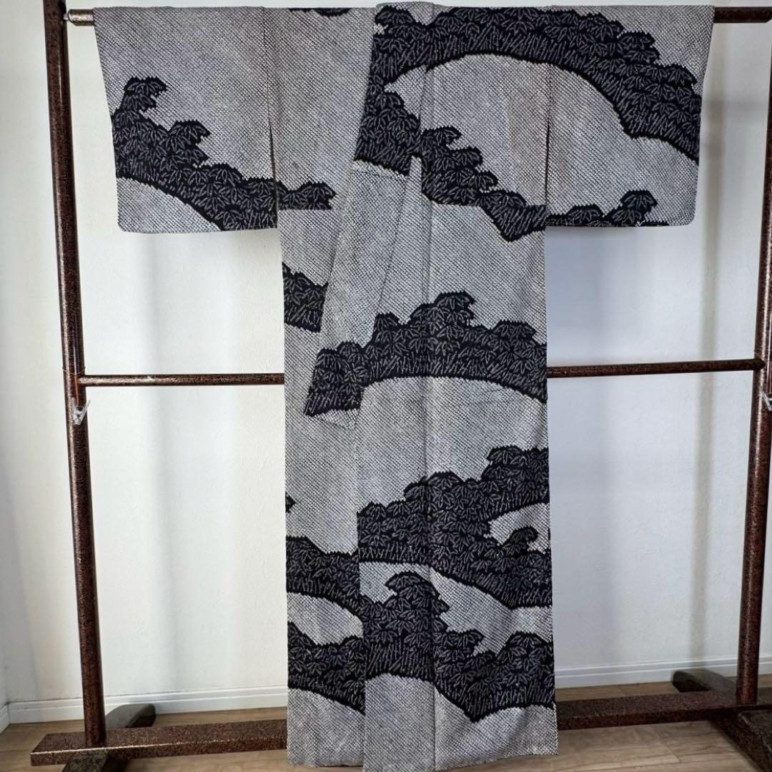 超美品　正絹　袷　現代　広襟　訪問着　着物　 黒　総絞り　絞り　162裄67